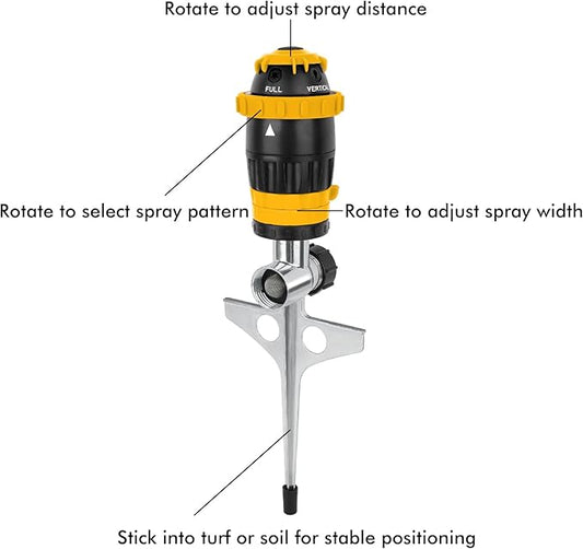 [2 Pack] RESTMO Gear Drive Sprinkler with Metal Spike Base, 5-Pattern Heavy Duty Gardening Watering System, Multi-Adjustable Lawn Sprinkle for Garden Plant, Flower Bed and Large Yard Area, Yellow