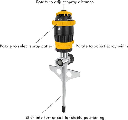 RESTMO Gear Drive Sprinkler with Metal Spike Base, 5-Pattern Heavy Duty Gardening Watering System, Multi-Adjustable Lawn Sprinkle for Garden Plant, Flower Bed and Large Yard Area Watering, Yellow