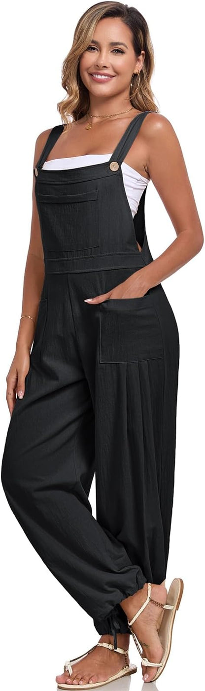 ALSOGO Womens Wide Leg Overalls Loose Beach Vacation Outfits Jumpsuits 2025 Causal Sleeveless Rompers with Pockets