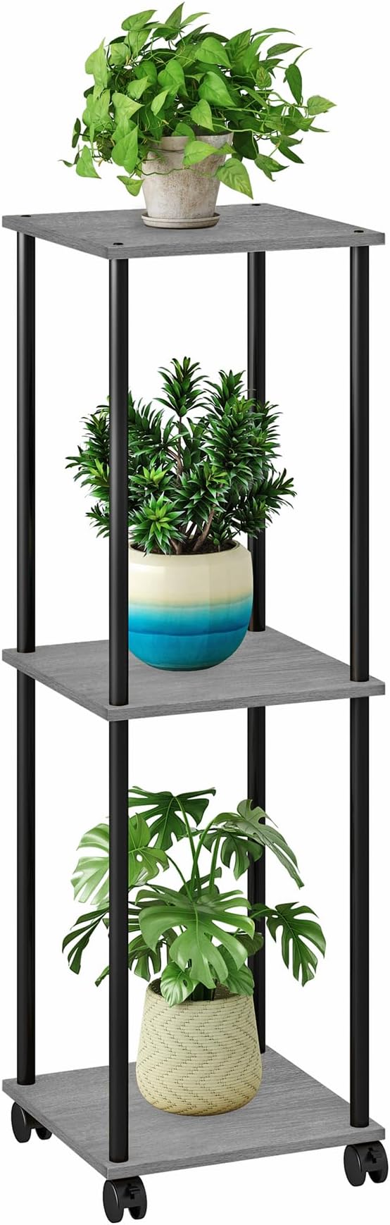 3 Tier Tall Plant Stand Indoor with Wheels, Movable Plant Shelf Metal Wood Multiple, Flower Pot Holder for Living Room Office Balcony Patio, Oak Grey