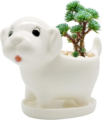 DIYOMR Cute Animal Planter Cow Dog Shaped Funny Small Succulent Pot White Ceramic Plant Pot with Tray for Mini Plants Flowers Cactus, Smooth Ceramic - Plants Not Included (Dog)