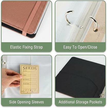 Seed Storage Organizer Binder – Holds 100 Seed Packets, Seed Packet Organizer Book w/Side Loading Sleeves, 4 Kraft Paper Dividers, Extra Pockets, 10 Blank Envelopes, Gift for Garden Enthusiasts.