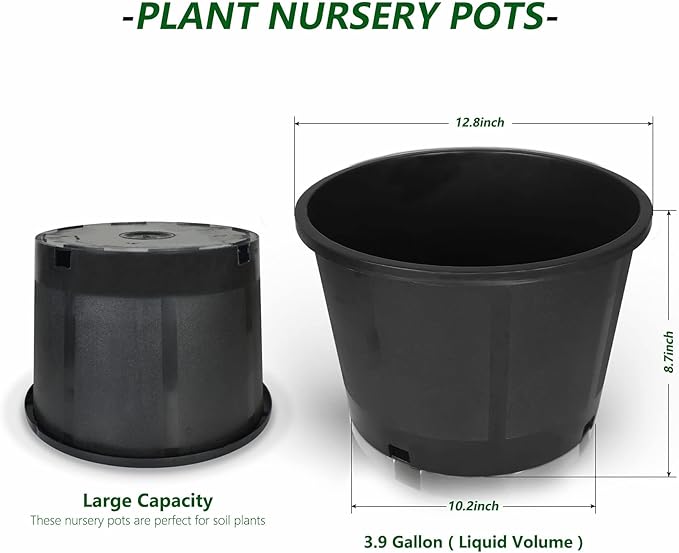 10-Pack 3.9 Gallon Round Planter Nursery Pots, Flower Plant Container Injection Molded Plastic Nursery Pots Gardening Pots for Indoor Outdoor Vegetables, Succulents, Black