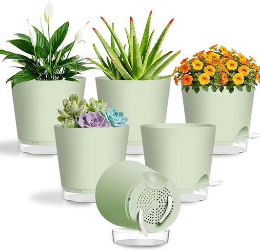 Self Watering Pots for Plants, 2026 New Flower Plant Pots with Drainage Holes, Wicking and Clear Reservoirs for Succulent, Aloe, Cacti and Others - 6 Pack (Green, 6")