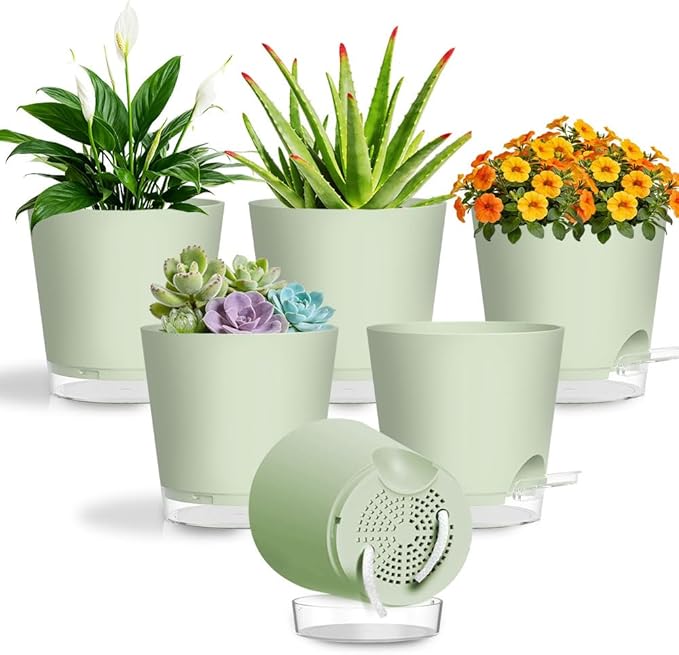 Self Watering Pots for Plants, 2026 New Flower Plant Pots with Drainage Holes, Wicking and Clear Reservoirs for Succulent, Aloe, Cacti and Others - 6 Pack (Green, 5")