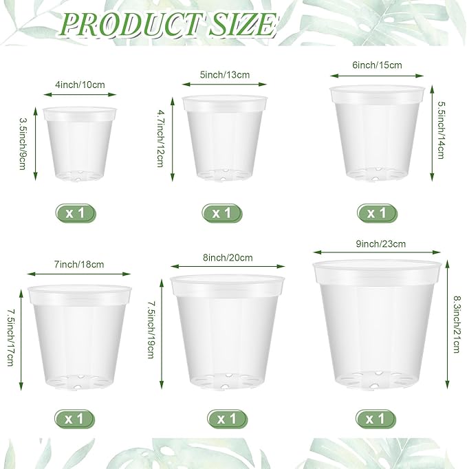 Vesici 6 Pcs 4/5/6/7/8/9 Inch Large Size Clear Nursery Pots Variety Pack Plant Pots with Drainage Holes Planters for Indoor Plants Flexible Transparent Plastic Plant Bottle Succulents