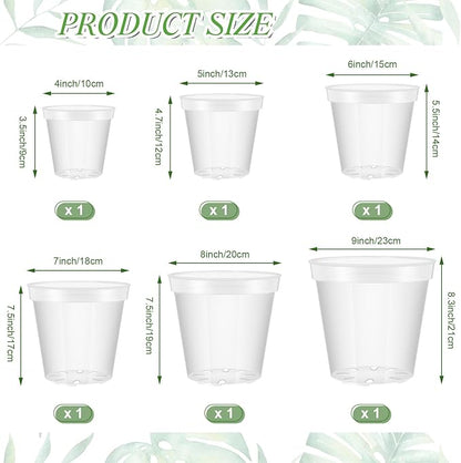 Vesici 6 Pcs 4/5/6/7/8/9 Inch Large Size Clear Nursery Pots Variety Pack Plant Pots with Drainage Holes Planters for Indoor Plants Flexible Transparent Plastic Plant Bottle Succulents
