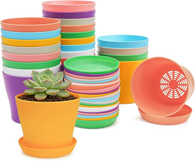 Tosnail 24 Pack 4" Small Plastic Plant Flower Pot with Saucers, Seedlings Nursery Pots Planter with Pallet Planting Gardening Containers - Assorted 8 Colors