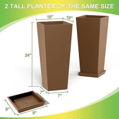 Set of 4 24" Tall Plastic Planters with Trays, Large Tapered Plant Pots for Indoor Outdoor Use, Modern Decorative Planters for Porch, Patio, Garden, and Backyard