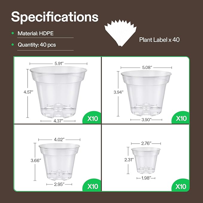 VIVOSUN 80 Packs 3/4/5/6 Inch Clear Nursery Pots with Drainage Holes, Reinforced Plastic Seedling Pots for Plants, Flowers, Cuttings, and Succulents, 40 pcs Plant Labels