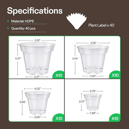 VIVOSUN 80 Packs 3/4/5/6 Inch Clear Nursery Pots with Drainage Holes, Reinforced Plastic Seedling Pots for Plants, Flowers, Cuttings, and Succulents, 40 pcs Plant Labels