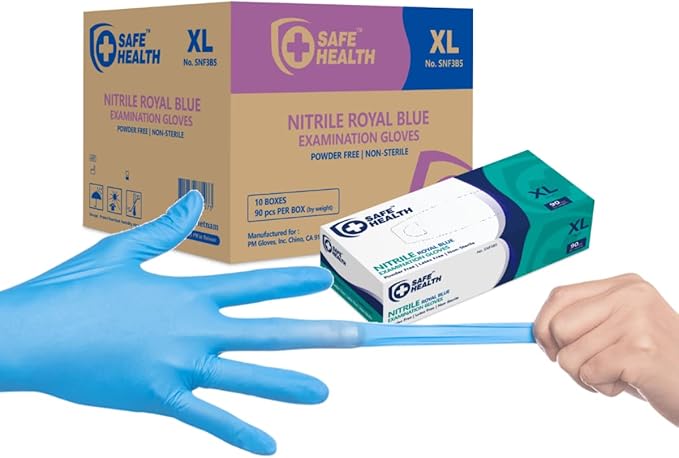 Safe Health Nitrile Exam Gloves – 4 mil, Latex-Free, Powder-Free, Disposable, Blue, Medical Grade, Food, Cleaning Use