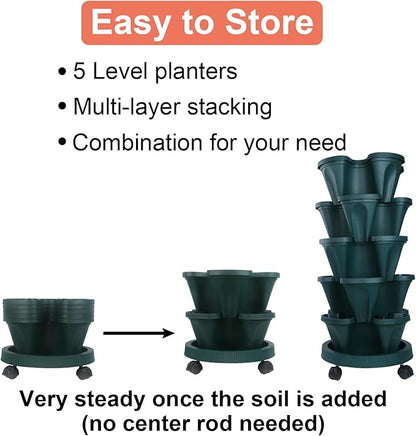 DUNCHATY Stackable Planter, Vertical Garden Planter with Wheels and Tools, Strawberry Indoor/Outdoor 5 Tier Tower Herb for Growing Vegetables Succulents, Dark Green, 2 Pack