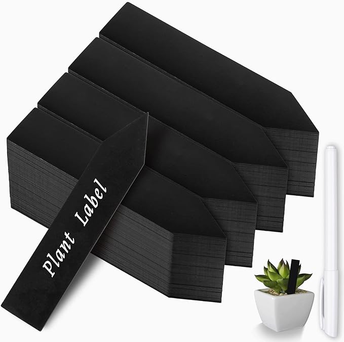 Whaline 200Pcs Plastic Plant Labels with Marker Pen Black Thin Pointed Plastic Plant Sign Tags Nursery Garden Markers for Seed Potted Herbs Flowers Vegetables (0.79 x 3.94)