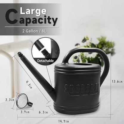 2 Gallon Watering Can, Outdoor Watering Can for Plants, Garden Water Can with Removable Long Spout and Stainless Steel Sprinkler Head, Large Water Can for Greenhouse (Black, 2 Gallon)