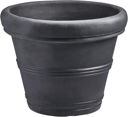 Crescent Garden Brunello Small Classic Rolled Rim Planter, Indoor/Outdoor Plastic Round Pot - Traditional Planter for Herbs, Plants, Houseplant -14''W (Black)