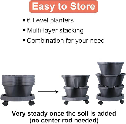 GameXcel Vertical Planter 6 Tier Stackable Planters Garden Planters Strawberry Herb Flower and Vegetable Planter Indoor Outdoor Gardening Pots with Removable Wheels and Tools
