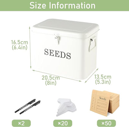 3 Dividers Seed Storage Box, Metal Seed Box Seed Storage Organizer with Safety Lock, Portable Garden Seed Bin, Professional All-in-one Kit, White