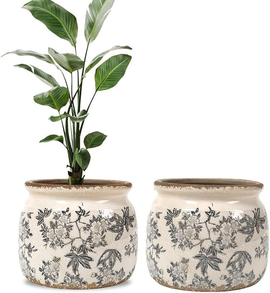 Vintage Floral Ceramic Planter, 2 Pack Flower Pot Rustic Flower Pot Container with Drainge Hole, Ice Crack Plant Pot Decorative Planter for Indoor and Outdoor Tuscan Decor Vase Gardening Gift