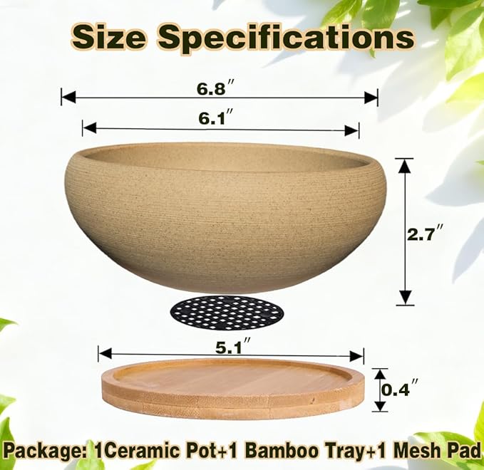 MUZHI Round Unglazed Ceramic Bonsai Pot with Bamboo Tray, Large Rough Pottery Succulent Planter with Drainage Hole 6.5 inch … (6.5")