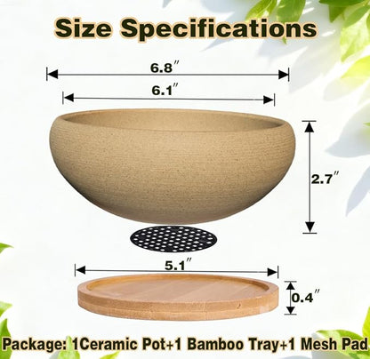 MUZHI Round Unglazed Ceramic Bonsai Pot with Bamboo Tray, Large Rough Pottery Succulent Planter with Drainage Hole 6.5 inch … (6.5")
