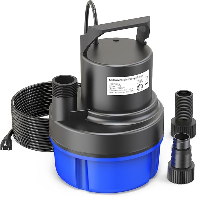 AgiiMan 1/2HP Submersible Water Pump, 2200GPH Portable Sump Pump for Pool Draining, Pool Cover Pump with 25FT Power Cord for Basements, Pool, Fountains, Hot Tub, Garden, SkyBlue