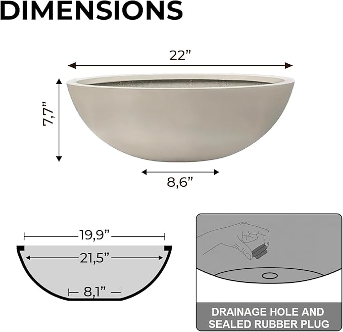 7.7" H x 22" D Round Bowl Fiberstone Planter for Succulent and Lotus with Drainage Hole, Smooth Finishes, Weather Resistant, Included 2 Extra Coco Mats (Taupe, 19.9" Pot Opening)