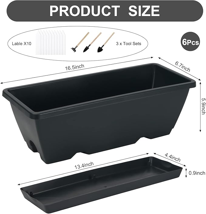 HOXHA Window Box Planter, 6 Pack 17inch Plastic Vegetable Flower Planter Boxes with Tray, Indoor Outdoor Flower Pots for Windowsill, Patio, Porch, Garden Balcony, Dark Gray