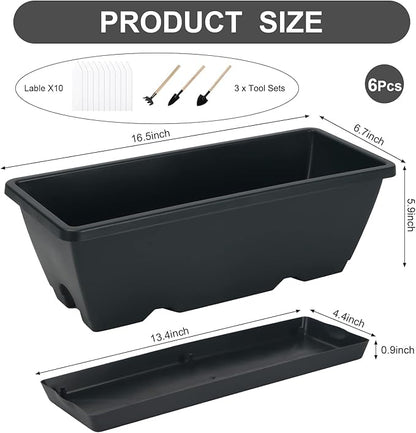 HOXHA Window Box Planter, 6 Pack 17inch Plastic Vegetable Flower Planter Boxes with Tray, Indoor Outdoor Flower Pots for Windowsill, Patio, Porch, Garden Balcony, Dark Gray