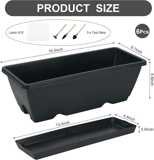 HOXHA Window Box Planter, 6 Pack 17inch Plastic Vegetable Flower Planter Boxes with Tray, Indoor Outdoor Flower Pots for Windowsill, Patio, Porch, Garden Balcony, Dark Gray