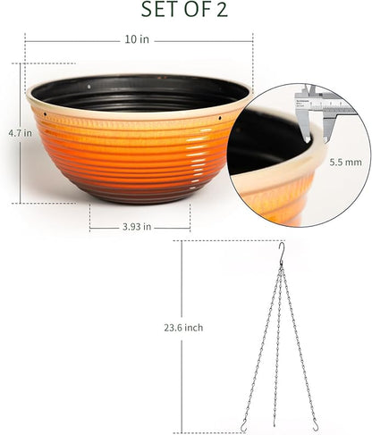 2 Pack Hanging Planters for Indoor Outdoor Plants, 10 Inch Hanging Planter with Drainage Hole & Plug Glazed Hanging Baskets Flower Pots for Garden Home, Orange