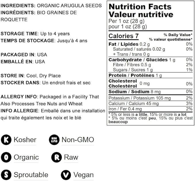 Food to Live Organic Arugula Sprouting Seeds, 4 Ounces - Non-GMO, Kosher, Great for Sprouting and Planting, High Germination Rate, Vegan Superfood, Bulk, Grow Amazing Sprout, Sirtfood