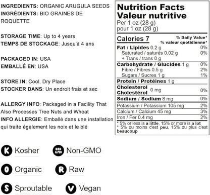 Food to Live Organic Arugula Sprouting Seeds, 8 Ounces – Non-GMO, Kosher, Great for Sprouting and Planting, High Germination Rate, Vegan Superfood, Bulk, Grow Amazing Sprout, Sirtfood