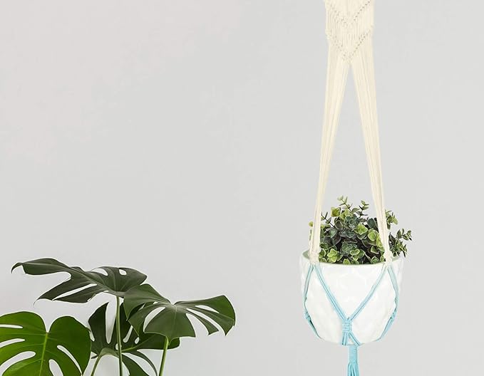 LIVALAYA Macrame Plant Hangers Wall Planter - Blue Ombre 48 Inch, for Indoor or Outdoor, 100% Cotton Rope Hanging Plant Holder with Tassel for Flower Pots and Succulents - Modern Boho Home Décor