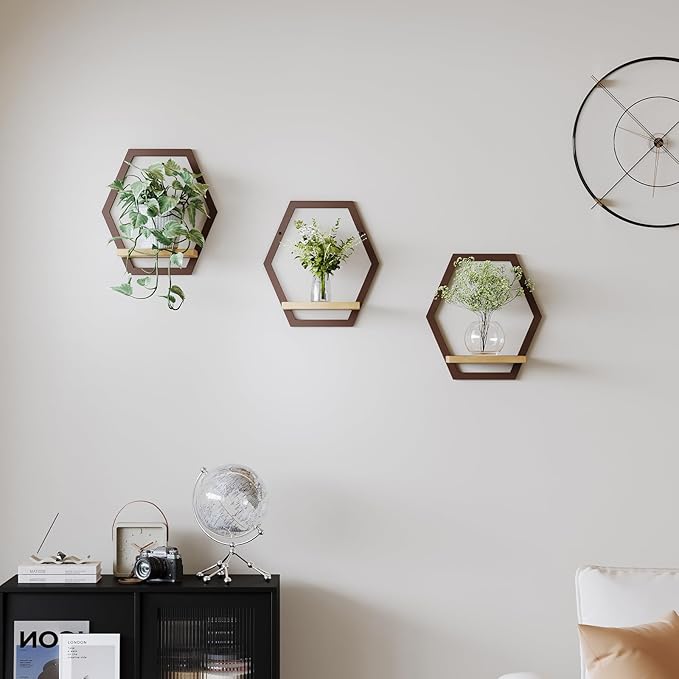 3 Pack Solid Wood & Heavy Duty Metal Wall Plant Stands,9 inch Natural Wood Shelf, Boho Arch Hanging Planter for Indoor 25 LB Load for Plants, Flowers, Herbs Coffee