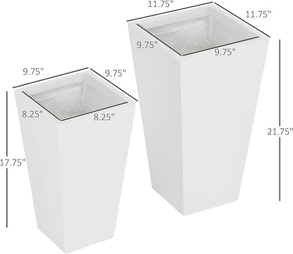 Outsunny 2-Pack Outdoor Planter Set, Flower Pots with Drainage Holes, Durable & Stackable Plant Pot, 22in & 18in, for Porch, Entryway, Patio, Yard, Garden, White