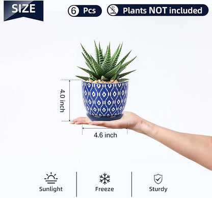 Selamica Ceramic Succulent Pots, 4.6 Inch Small Plant Pots with Drainage Holes & Saucers, Succulent Planters for Indoor Plants Cactus, Home Decor, Set of 6, Vintage Blue