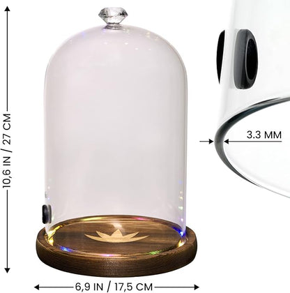 Smoking Gun Accessory LED lights Glass Dome 9" x 5.7" Lid with Wooden Base - Smoke infuser Cover Lid for Cocktail Smoker - Dome for Cold Smoke, Smoking Cloche for Drinks