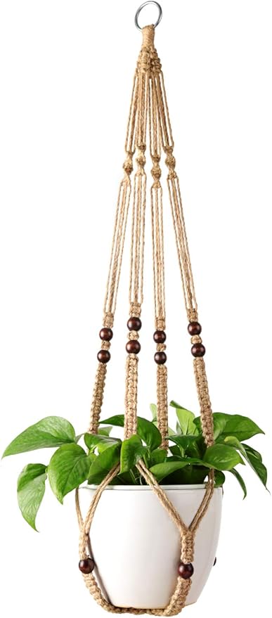Mkono Set of 2 Macrame Plant Hanger 35 Inch and 43 Inch Indoor Jute Hanging Planter Basket with Wood Beads Decorative Flower Pot Holder No Tassels, Brown (POTS NOT Included)