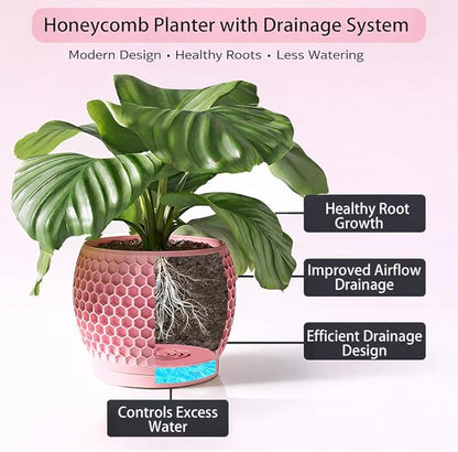 Plant Pots, Modern 3D Printed Honeycomb Planters for Indoor Plants, 4.7/6/8 Inch Cherry Pink Decorative Flower Pot for Office Desktop, Bookshelf & Home Decor, Lightweight & Durable.