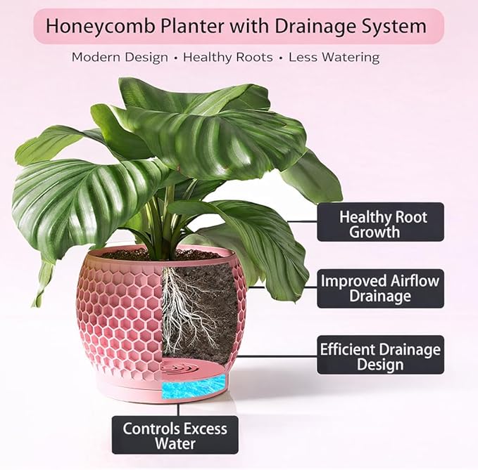 Plant Pots, Modern 3D Printed Honeycomb Planters for Indoor Plants, 4.7/6 Inch Cherry Pink Decorative Flower Pot for Office Desktop, Bookshelf & Home Decor, Lightweight & Durable.