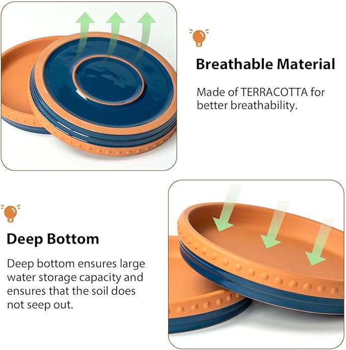 YBX 8-inch Plant Saucer Premium Terracotta Saucer Round Ceramic Plant Trays, Pack of 2 (Navy/Terracotta)