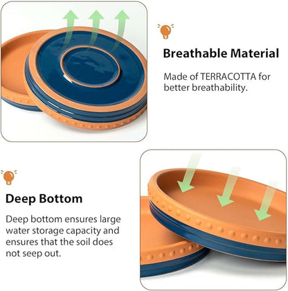 YBX 8-inch Plant Saucer Premium Terracotta Saucer Round Ceramic Plant Trays, Pack of 2 (Navy/Terracotta)