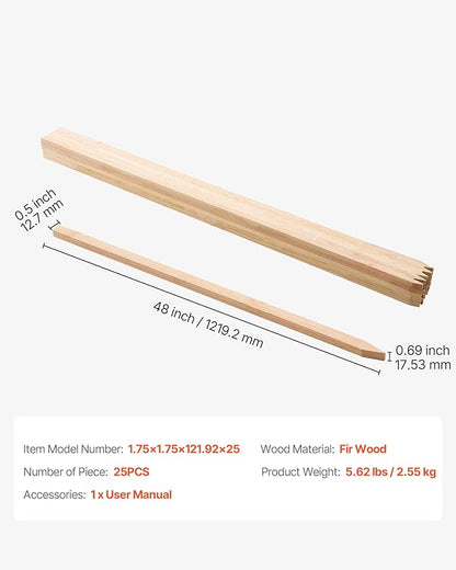 VEVOR Wooden Garden Stakes, 25 Pcs 48x0.5x0.69 in Survey Grading Stakes, Garden Ground Stake with Sharp Point, Fir Wood Plant Support Stake, Sign Posts for Silt Fence Backyard Boundaries Baselines