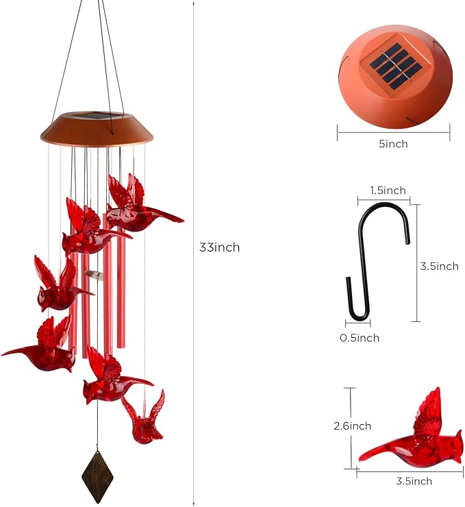 Cardinal Wind Chime, Solar Sound Windchime, Wind-Chime Outdoor, Garden Decor, Yard Decor, Gifts for Women, Mom Gifts, Gardengifts, Grandma Gift