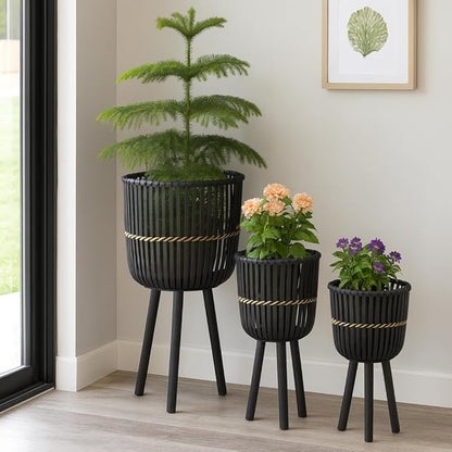 Decorative Bamboo Footed Planters for Home Decor - Garden Plant Pots for Indoor Living Room Decor or Outdoor Patio Areas - Flower Pots for Entryway and Backyard - Set of 3, 27", 23", 19", Black