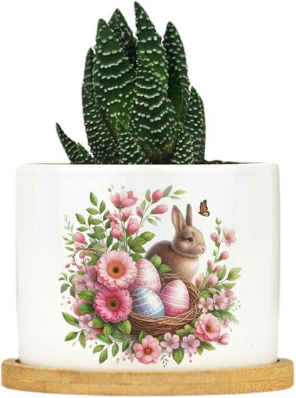 Vintage Easter Bunny with Pink Flower Ceramic Planters Ceramic Pots With Saucers Orchid Pots for Plants Succulents Pots Office Desk Garden Balconys New Home Decor,Gifts for Mom Mother Grandmother