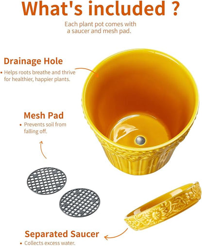 Ceramic Plant Pots, 3.8+4.9+5.8 Inch, Set of 3 Flower Pots with Drainage Hole & Saucer, Embossed Planter Pots for House Plants, Home Decor, Set of 4, Assorted Colors