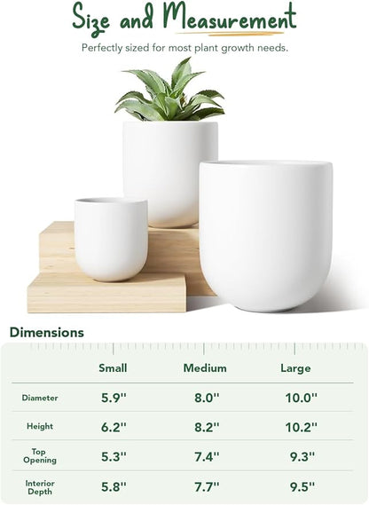 LE TAUCI 6+8+10 Inch Ceramic Pots for Plants, Plant Pots Indoor with Drainage Hole and Plug, Planter Pots for Home Office Room Patio, Set of 3, White