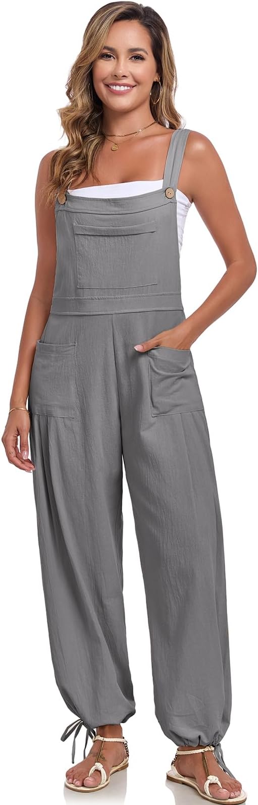 ALSOGO Womens Wide Leg Overalls Loose Beach Vacation Outfits Jumpsuits 2025 Causal Sleeveless Rompers with Pockets